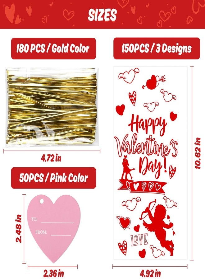 LOKIPA 150 PCS Valentines Cellophane Treat Bags with 50PCS Gift Tags Pink Heart Valentines Gift Goodie Candy Bags with 180 Pieces Twist Ties for Valentines Party Favor Supplies - Image 3